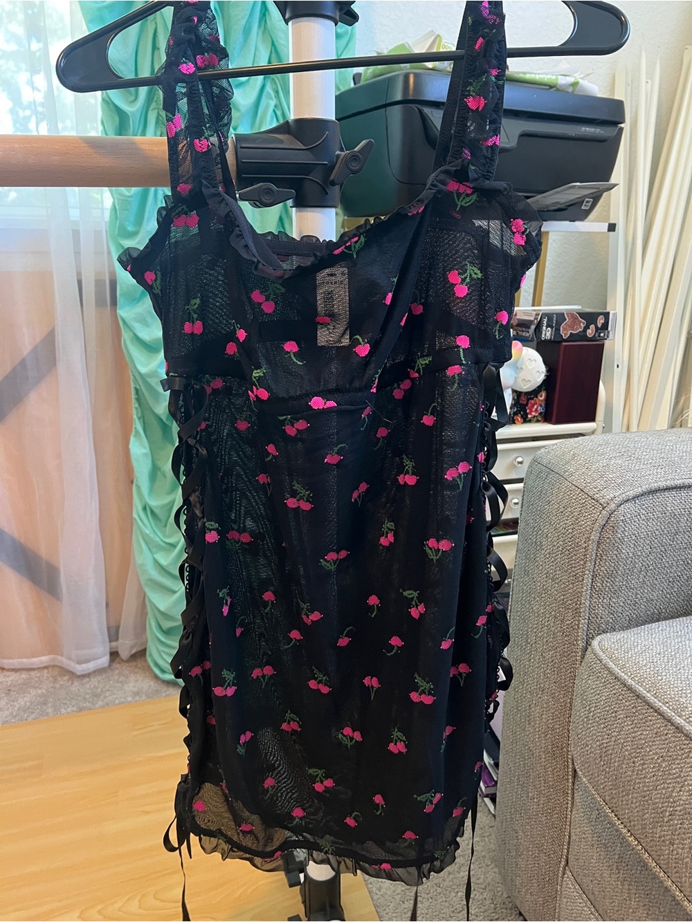 NWT torrid Black Mesh Mini Chemise with Pink & Green Cherry Embroidery